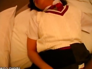 Asian schoolgirl getting fucked in her hairy bush missionary style