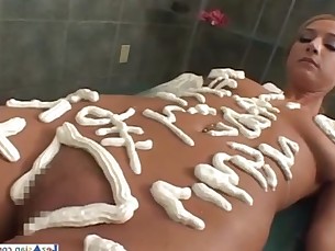 Blonde White Girl Getting Her Body Covered With Cream Nipples And Pussy Stimulat